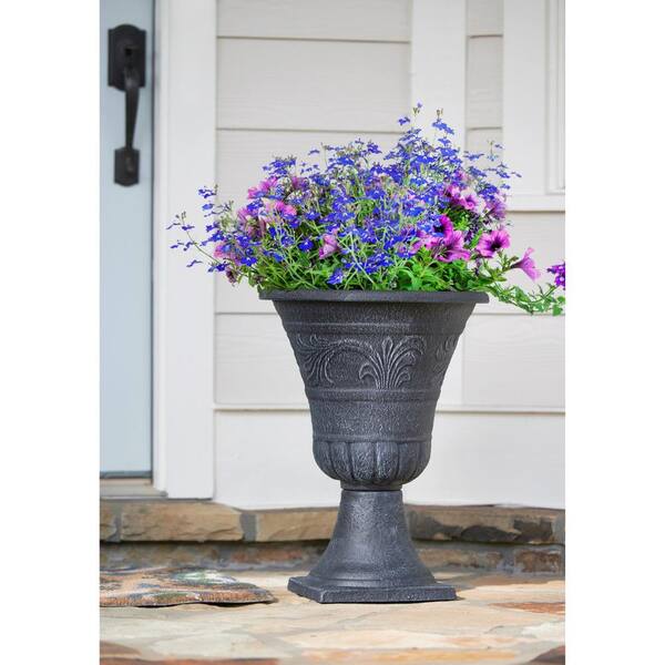 21" Tall Tumbled Black Garden Urn 2-Pack Planter Flower Plant Pot Outdoor Decor 