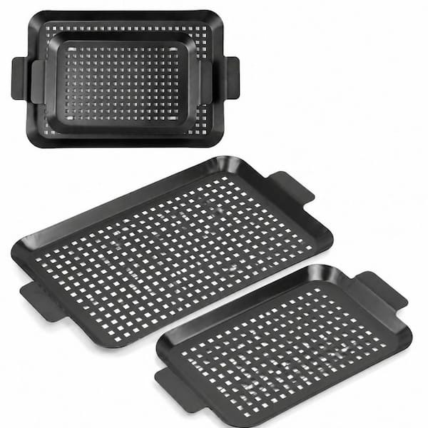 2-Piece Carbon Steel Nonstick Grill Pan for Outdoor BBQ, Heat-Resistant Perforated Grill Topper for Vegetables