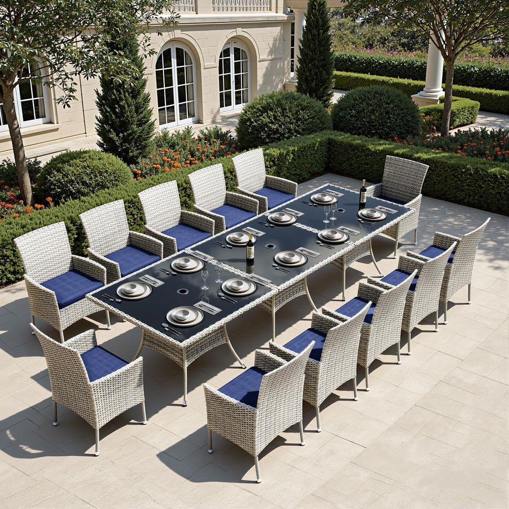 Gray 15-Piece Wicker Rectangular Outdoor Dining Set with Navy Blue Cushions