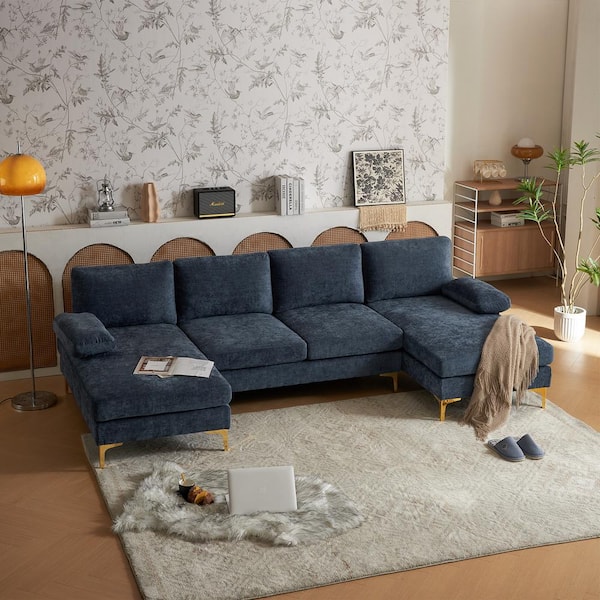 Golden Leg Collection 110 in. Pillow Top Arm 3-Piece Chenille Sectional Sofa in. Blue