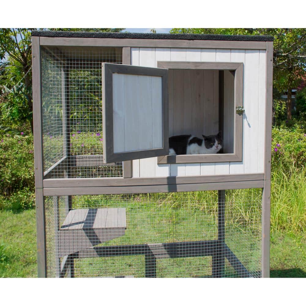 Gray and White Wooden Outdoor Cat House with Climbing Platforms