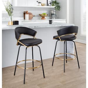 Jie 25.75 Black Faux Leather, Black Metal, and Gold Metal Fixed-Height Metal Counter Stool (Set of 2)