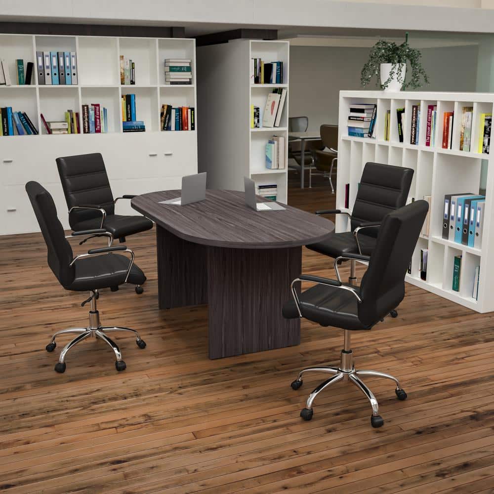 Lake 35 in. Oval Rustic Gray Drawer Desk 4-Black and Chrome LeatherSoft Executive Chairs