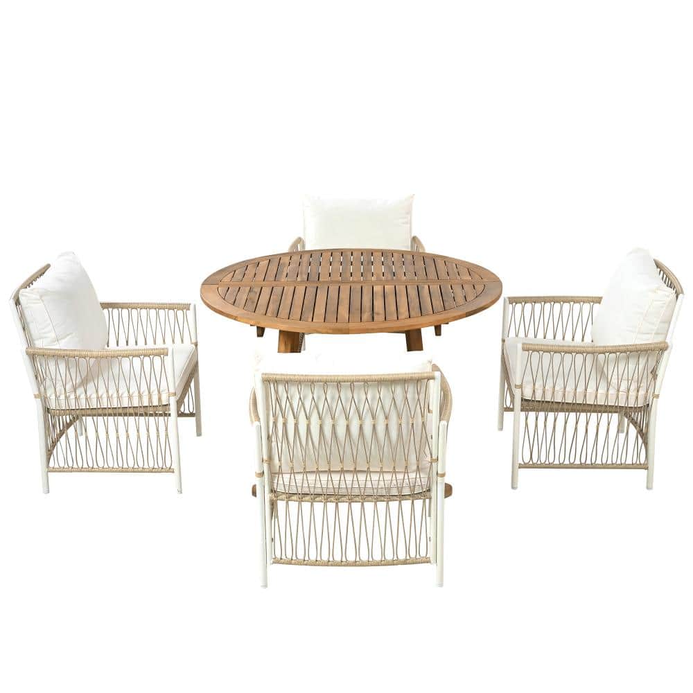 Natural 5-Piece Patio Extendable Wicker Dining Table Set, Round Table Set with 4 Arm Chairs price history on PriceWatchPro