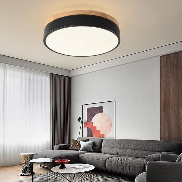 OUKANING 11.81 in. 1-Light Modern Round Black Selectable LED Flush 