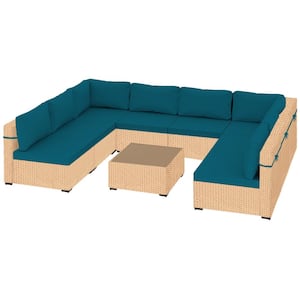 9-Piece Beige Wicker Patio Conversation Set with Deep Lake Blue Cushions and Coffee Table