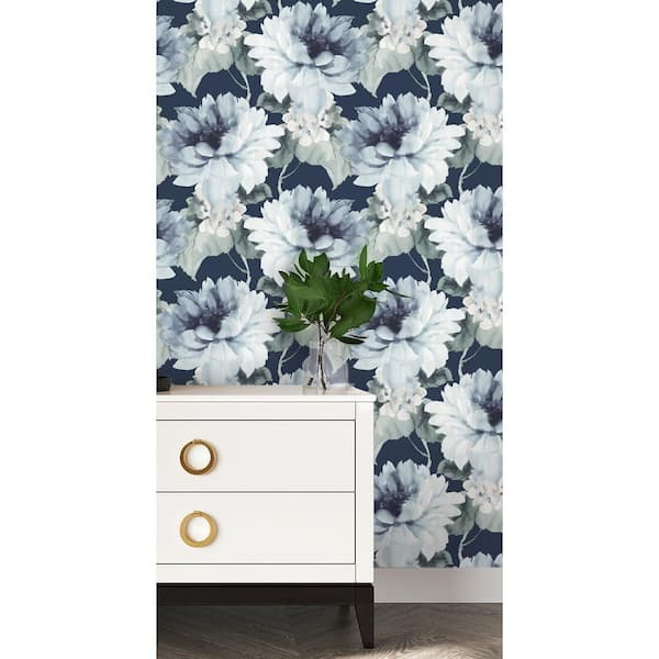NextWall Navy Blue and Slate Green Watercolor Floral Vinyl Peel and Stick  Wallpaper Roll 30.75 sq. ft. HG10302 - The Home Depot