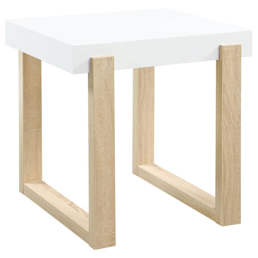 Pala White High Gloss and Natural Wood Rectangular End Table
