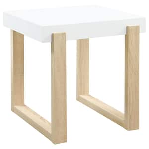 22 in. White High Gloss and Natural Rectangular Wood Top End Table with Sled Base