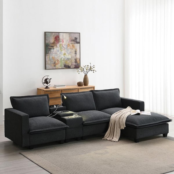 109 in. W Chenille Modular Sectional Sofa in. Dark Gray with Console, Cup Holders, USB Ports, Reading Light