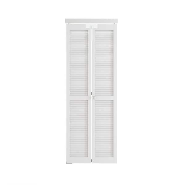 32 in. x 80 in. Full-Panel Louver Solid Core White PVC Covering MDF. Wood Bi-fold Door with Lock, Handle & Hardware Kit