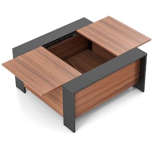 36.5 in. Black & Rustic Brown Square Sliding Wood Top Coffee Table with Hidden Compartment Extendable Cocktail Tea Table