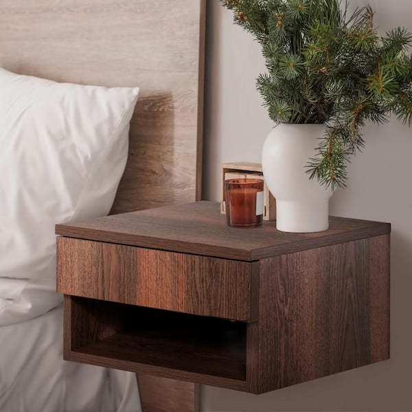 Ettore 15.71 in. Mid-Century Modern Floating Wall Mounted Nightstand with Soft-Close Drawer and Cable Hole, Dark Brown