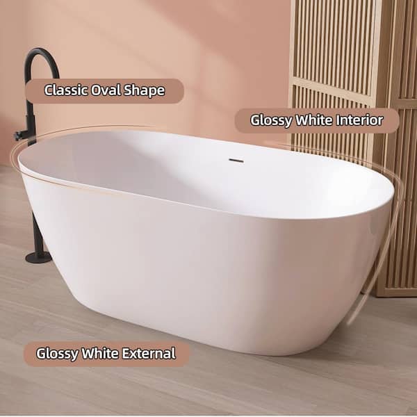 59 in. x 30 in. Oval Free Standing Tub Freestanding Soaking Bathtub With Removable Drain Alone Soaker Bath Tub in White