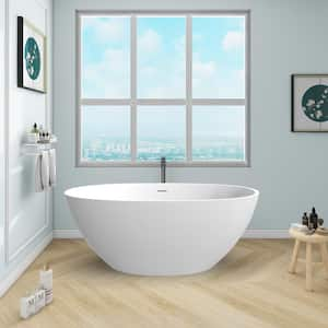 Stone Flat Bottom Solid Surface Freestanding Soaking Bathtub in White with Drain 55 in. x 31 in.