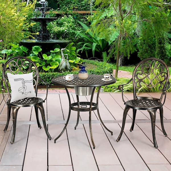 Boyel Living 3 Pieces Cast Aluminum Outdoor Bistro Set with Attached Removable Ice Bucket
