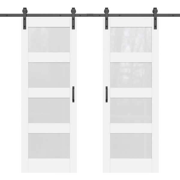 ARK DESIGN 60 in. x 84 in. 4-Lite Tempered Frosted Glass White Prefinished MDF Sliding Barn Door Slab with Hardware Kit