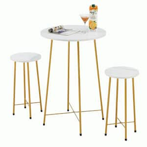 3-Piece Dining table Set, Gold Wood top 23.6 in.W Round Dining Table and Chairs Set for 2