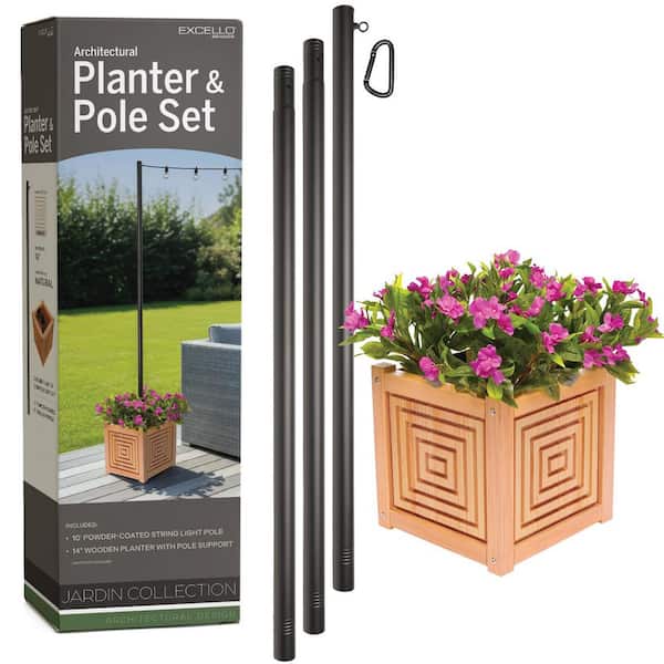 Jardin 14 in. x 14 in. Natural Wooden Square Panel Pole Planter with 10 ft. Premium String Light Pole