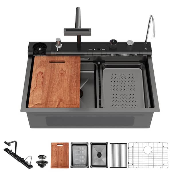 29.57 in. Gunmetal Black Drop-in Single Bowl Stainless Steel Workstation Kitchen Sink with Waterfall Kitchen Faucet