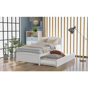 White Twin Size Trundle Platform Bed with Pull Out Trundle Wood Bed Frame with Headboard, No Box Spring Need