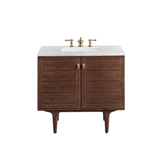 James Martin Vanities Amberly 36.0 in. W x 23.5 in. D x 34.7 in . H Bathroom Vanity in Mid-Century Walnut with Arctic Fall Solid Surface Top