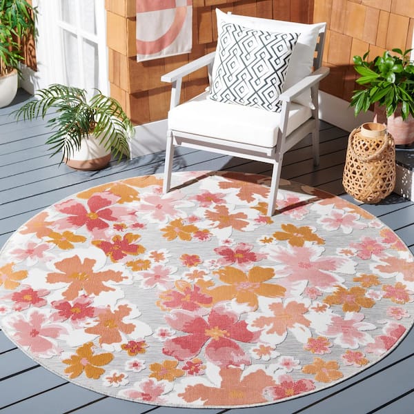 Cabana Gray/Rose 6 ft. x 6 ft. High-Low Abstract Floral Indoor/Outdoor Round Area Rug