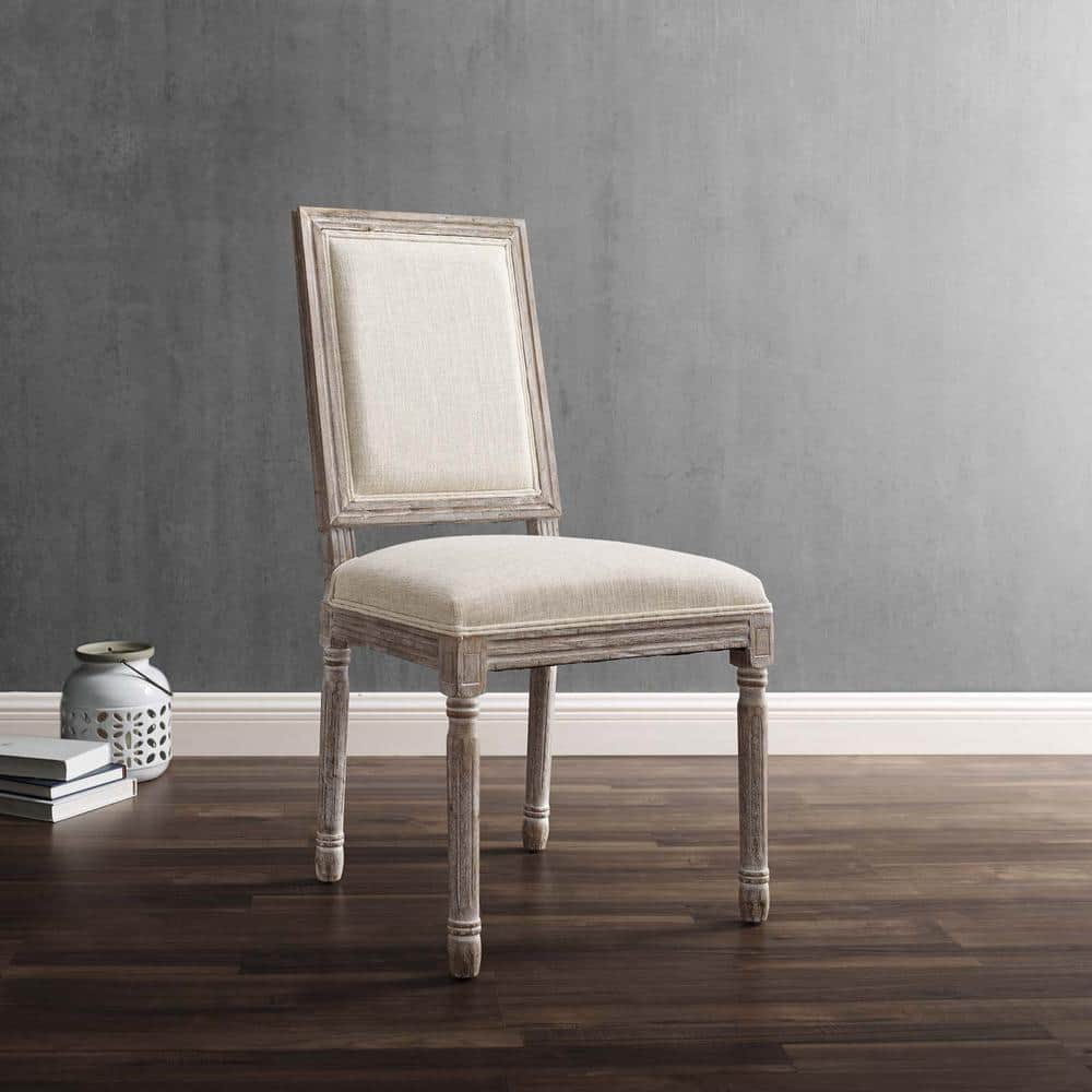 Beige Upholstered Wood Dining Side Chair with Turned Legs
