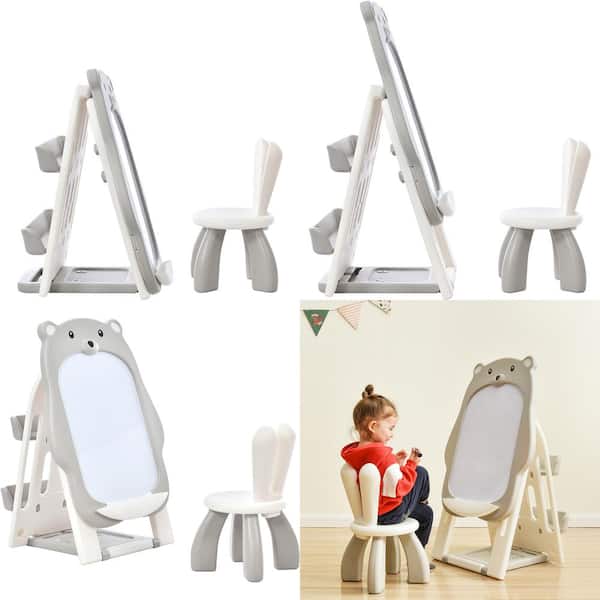 2 in 1 Kids Easel Table & Chair Set Adjustable Art Painting Board Gray