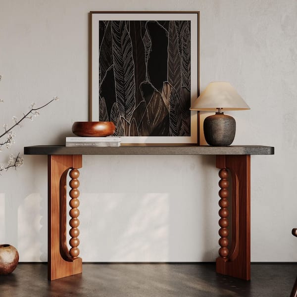Keira 59 in. Black and Brown Rectangle Wood Console Table with Unique Spherical Legs