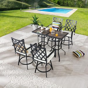 6-Piece Metal Bar Height Outdoor Dining Set with Beige Cushions