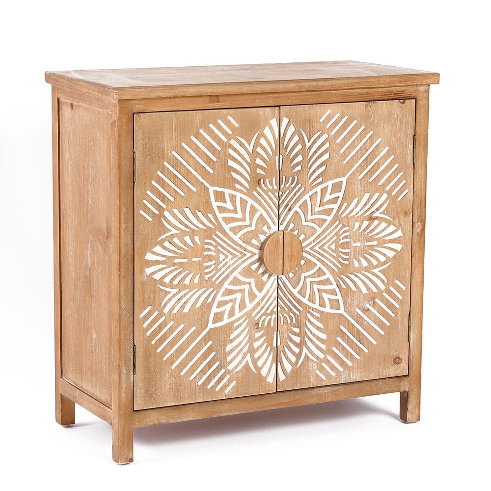 Rococo Romance 32'' White Natural Wood Floral Accent Cabinet