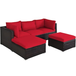 5-Piece Wicker Outdoor Sectional Set Patio Conversation Sofa Set with Red Cushions