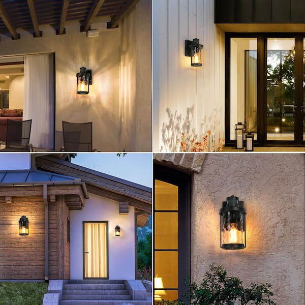 Uolfin Black Outdoor Light 1-Light Motion Sensing Wall Lantern Sconce Light with Water-Rippled Shade (2-Pack) 628H8UZYRRU744D - The Home Depot