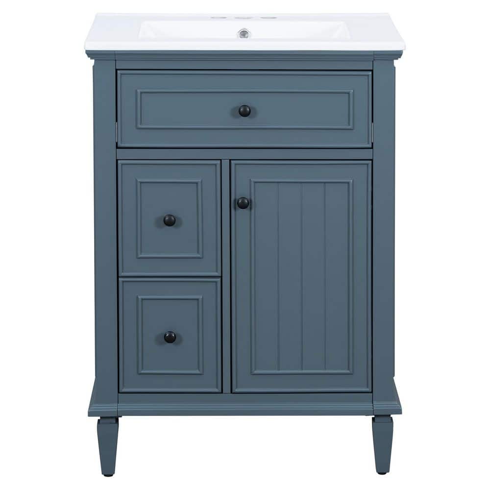 24 in. Blue Gray Wood Rectangle Vessel Sink Bathroom Vanity Combo with One Flip Drawer and Two Drawers price history on PriceWatchPro