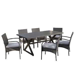 Ashworth 29 in. Grey 7-Piece Metal Rectangular Outdoor Dining Set with Grey Cushions