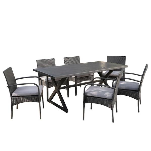 Noble House Ashworth 29 in. Grey 7-Piece Metal Rectangular Outdoor Patio Dining Set with Grey Cushions