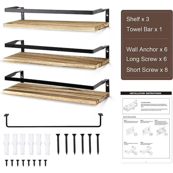 Indoor and Outdoor Dark Brown Wooden Wall Mounted Plant Shelves with 1  Towel Bar, Storage Organizer (Set of 3)
