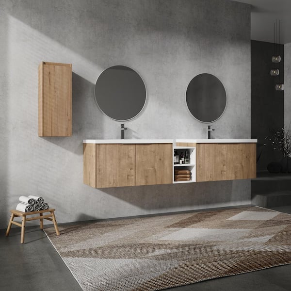 UPIKER Bohemia 84 in. W x 18.1 in. D x 19.3 in. H Floating in Imitative Oak Bath Vanity with White Resin Top Vanity