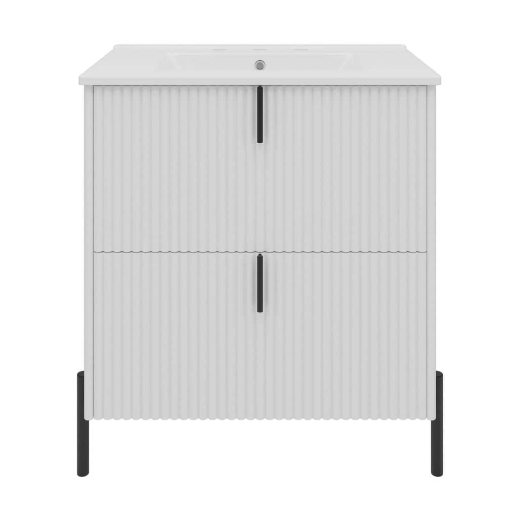 30 in. W x 18 in. D x 34 in. H Fluted White Bath Vanity with White Ceramic Top, Full-Extension Drawers, Soft Close price history on PriceWatchPro