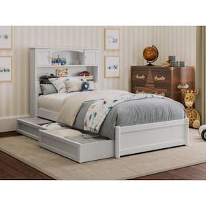 Hadley White Solid Wood Frame Twin Platform Bed with Panel Footboard and Storage Drawers