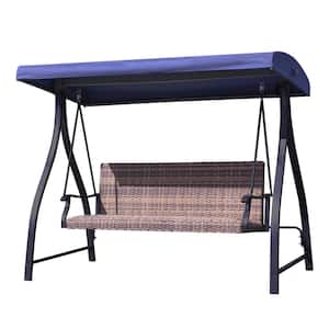 3-Seat Metal Patio Swing with Plastic Rattan Wicker Cushions and Dark Blue Adjustable Canopy