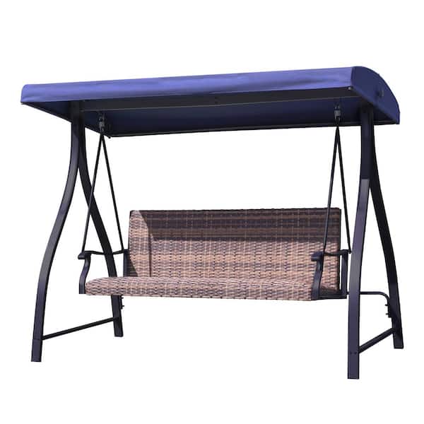 Aoodor 3-Seat Metal Patio Swing with Plastic Rattan Wicker Cushions and Dark Blue Adjustable Canopy