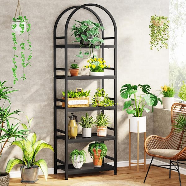 BYBLIGHT Eulas 74.4 in. Tall Black Wood 5-Shelf Standard Bookcase with Metal Frame Standing Bookshelves for Bedroom