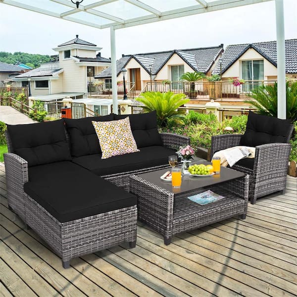 4-Piece Plastic Wicker Outdoor Sectional Set with Black Cushion Patio Rattan Furniture Set Sofa Ottoman Garden Deck
