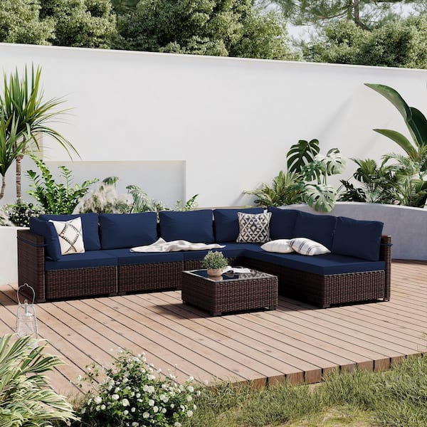 PATIO WATCHER 7-Piece Wicker Patio Conversation Seating Set with Navy Blue Cushions and Coffee Table
