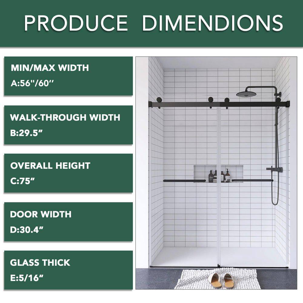 56-60" Frameless Clear Glass Double Sliding Shower Door in Matte Black