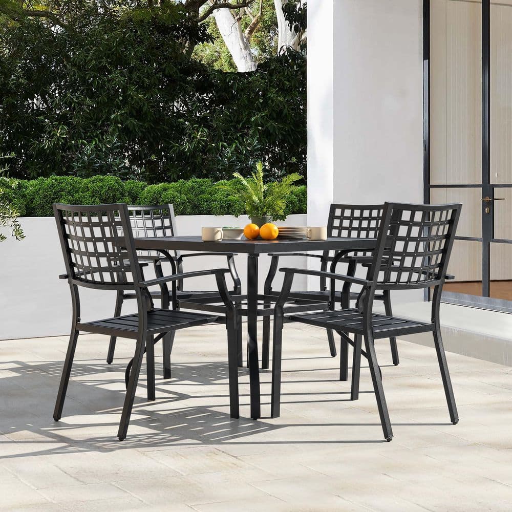 Black Iron 5-Piece Square Outdoor Dining Set with Umbrella Hole