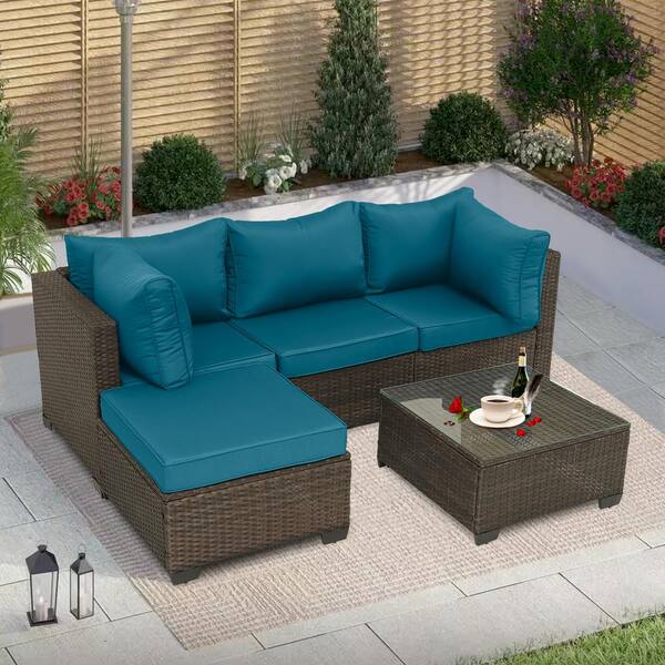 Cesicia 5-Piece Brown Wicker Outdoor Sectional Set with Peacock Blue ...