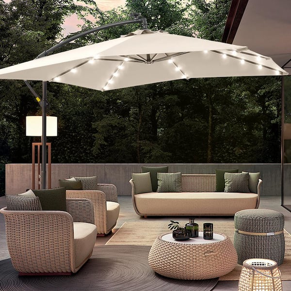 8.2 ft. x 8.2 ft. Solar LED Square Cantilever Patio Umbrella for Villa Gardens, Lawns and Yard in Sand